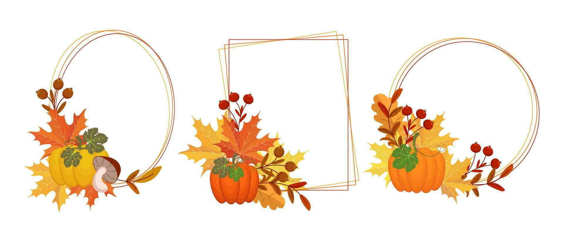 Thanksgiving geometric frames set. Compositions of pumpkins, autumn leaves, mountain ash and mushrooms. Greeting card for text, vector