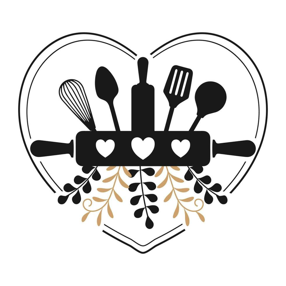 Kitchen utensils Monogram. Kitchen logo in the heart. Culinary logo Silhouette. Illustration, vector