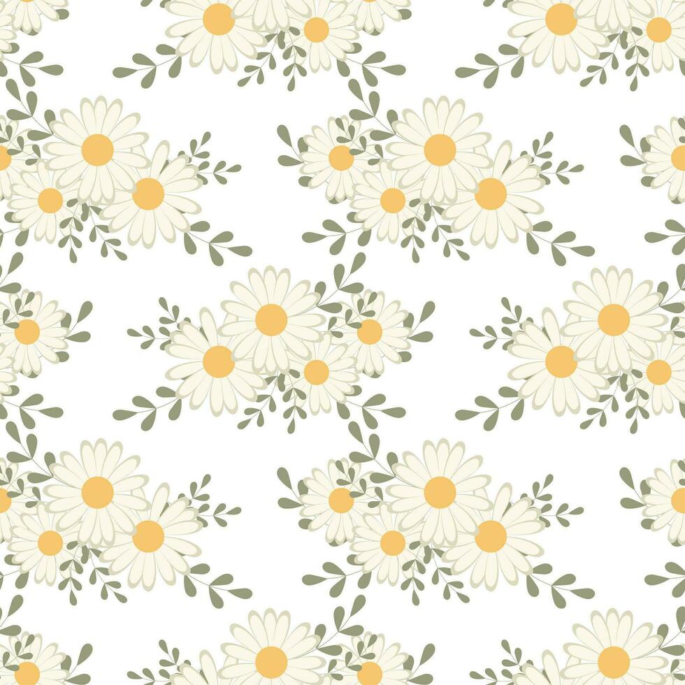 Seamless pattern, wild chamomile flowers and scattered leaves on a white background. Print, floral background, textile, wallpaper, vector