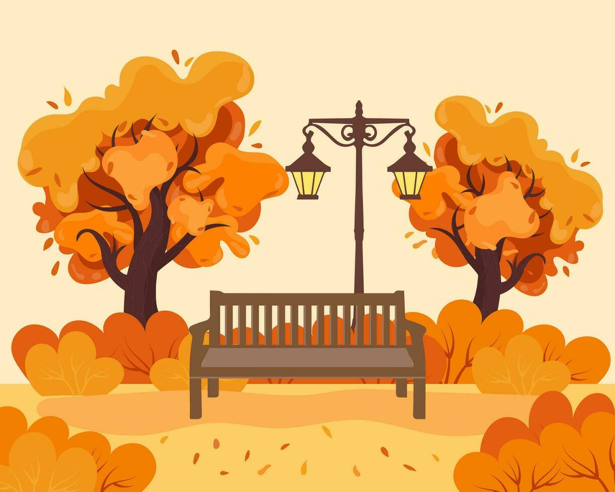 Autumn landscape, park bench and retro lantern among trees and bushes. Illustration, clip-art, vector
