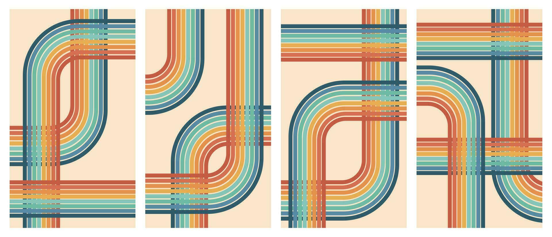 Set of geometric retro backgrounds with rainbow. Trendy groovy print design for posters, cards. Vector