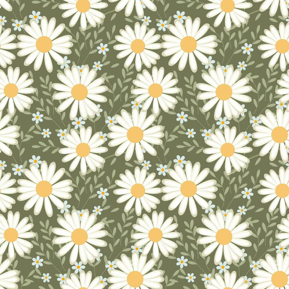 Seamless pattern, wild chamomile flowers and scattered leaves on a green background. Print, floral background, textile, wallpaper, vector