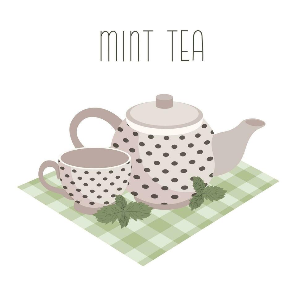 menta té, beber. un tetera y un taza con menta té y mentas ilustración, vector