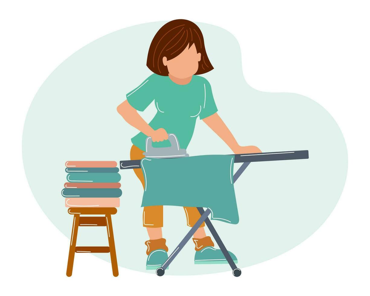 Home routine work. A young woman is ironing things and linen. Illustration. Vector