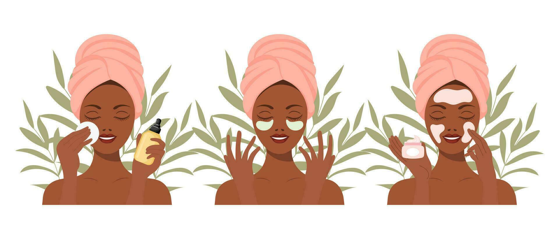 Facial skin care. A woman takes care of her skin. Cosmetic masks, patches, cream, lotion, soap, face mousse. Clip art set, vector