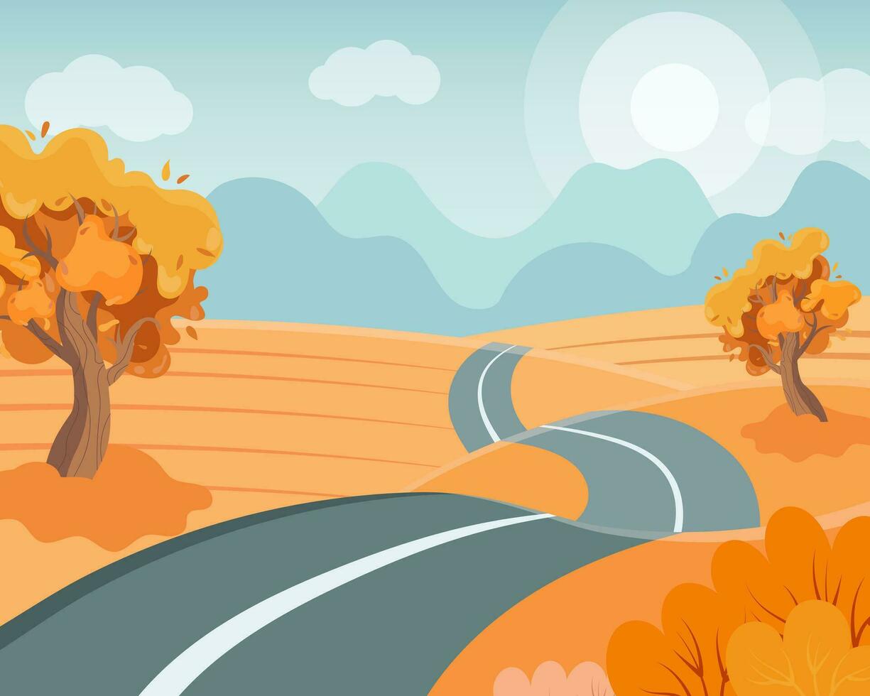 camino entre campos y árboles, adentrándose en la distancia, paisaje otoñal. ilustración, imágenes prediseñadas, vector