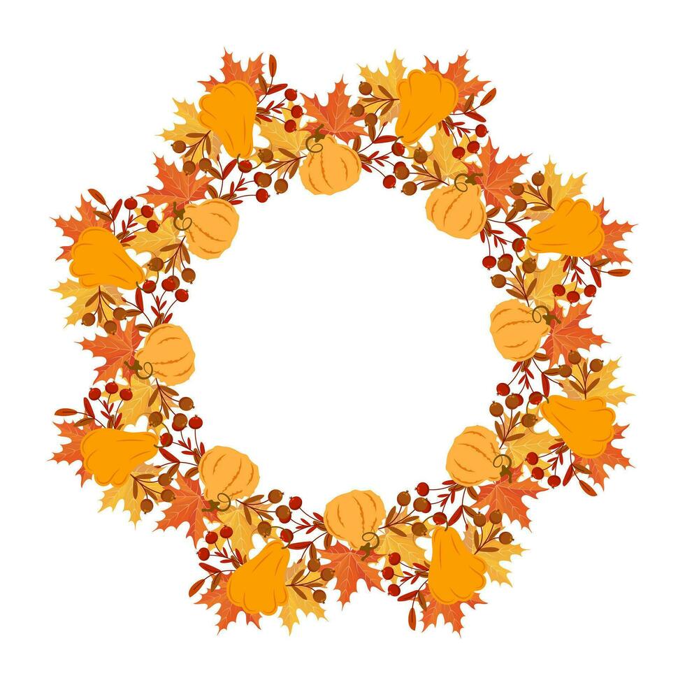 Thanksgiving wreath with pumpkins, rowan and autumn leaves. Print, autumn illustration, vector