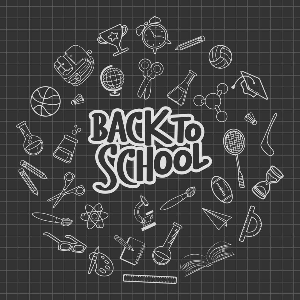 Back to school. Lettering and freehand drawing school items on a sheet of exercise book. Vector