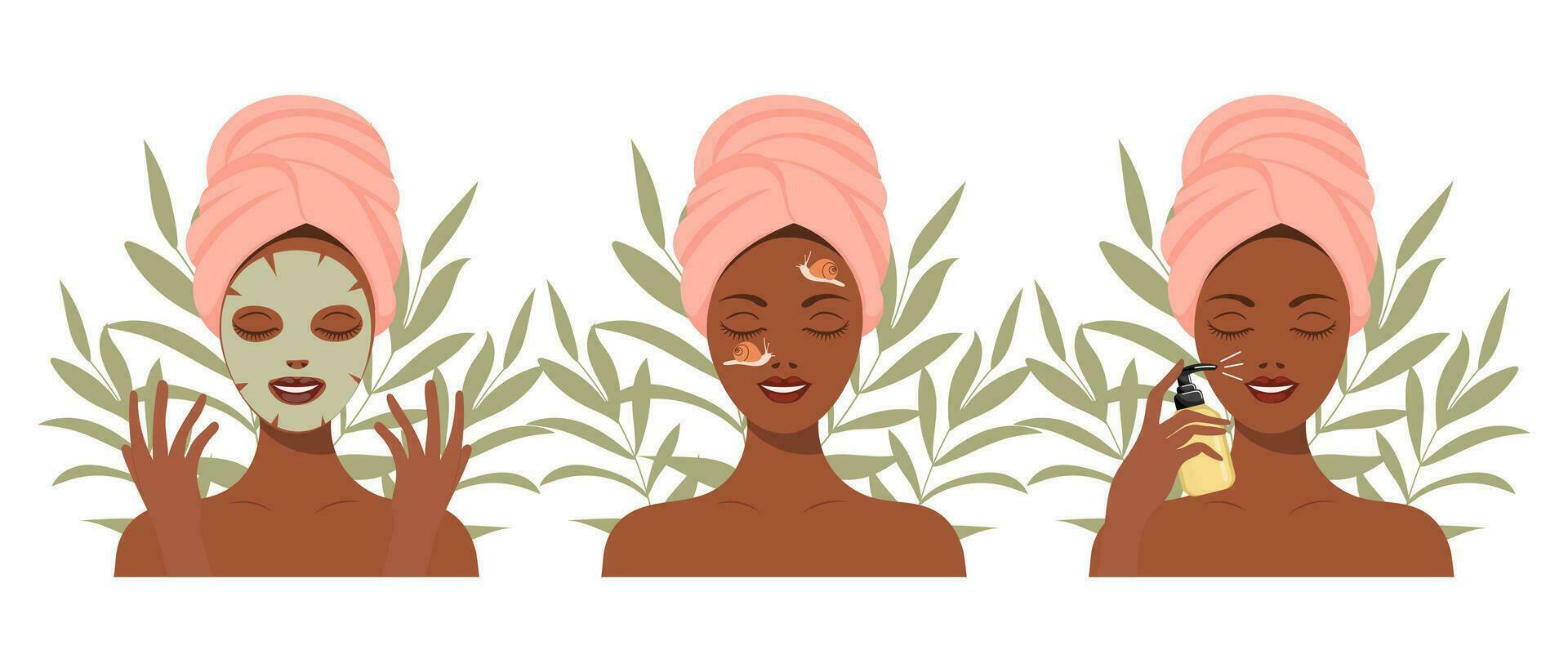 Facial skin care. A woman takes care of her skin. Cosmetic masks, patches, cream, lotion, soap, face mousse. Clip art set, vector