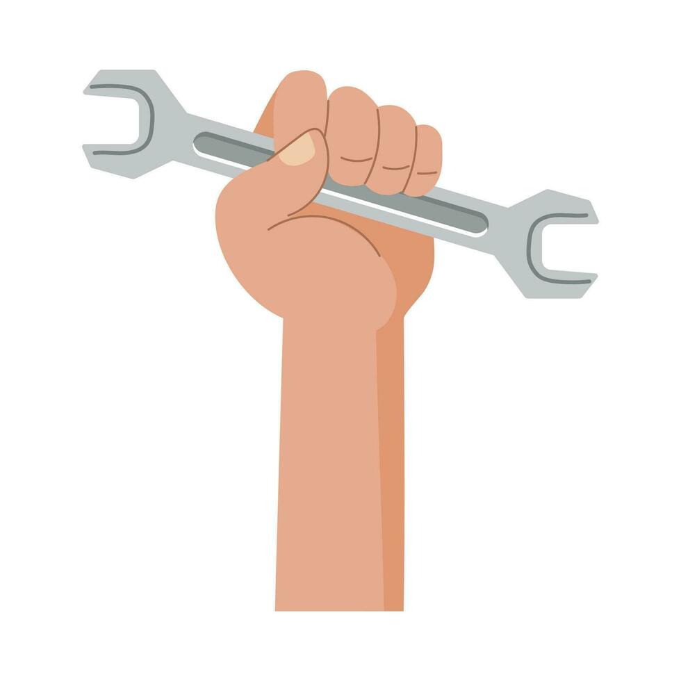 trabajando mano con trabajando herramienta martillo, llave inglesa. labor día. icono, ilustración, vector