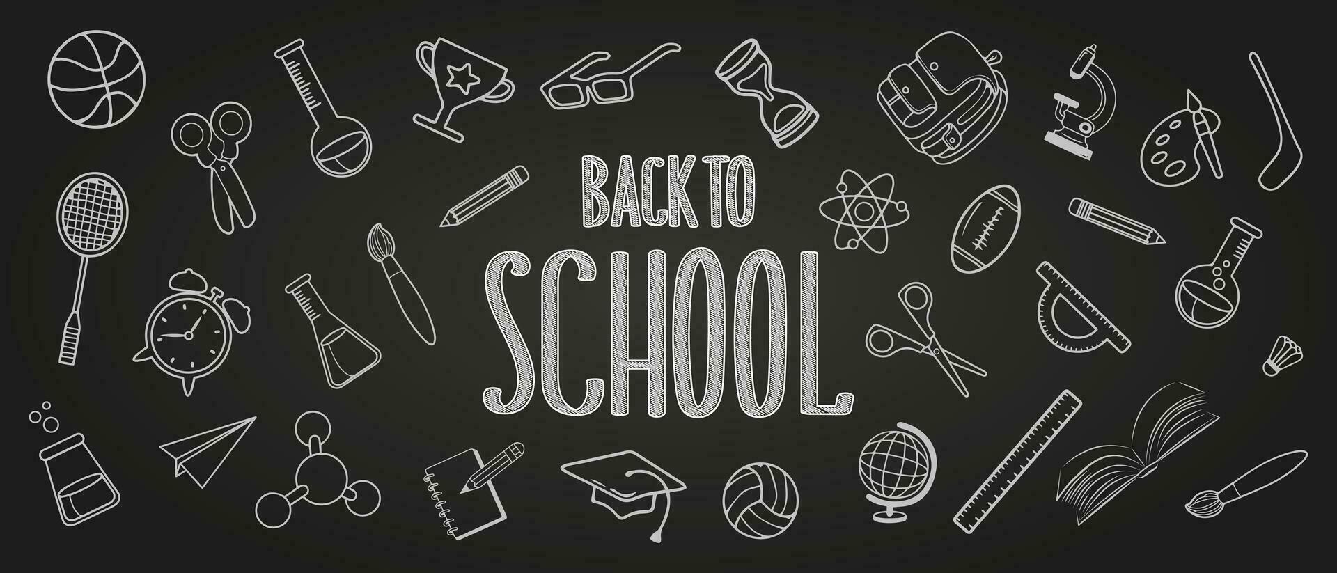 Back to school. Lettering and hand-drawn doodles, freehand school items on a sheet of notebook. Vector