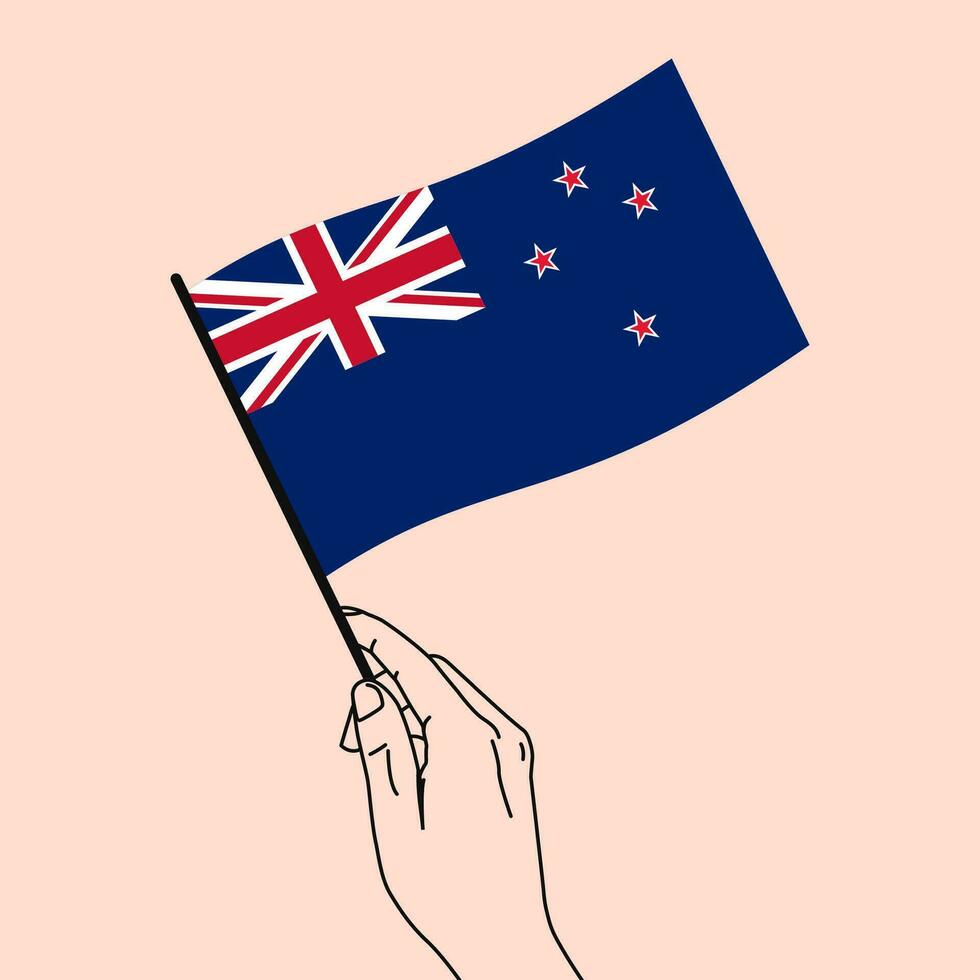 Woman hand holding New Zealand flag in her hand with line art style. New Zealand Flag. Vector illustration