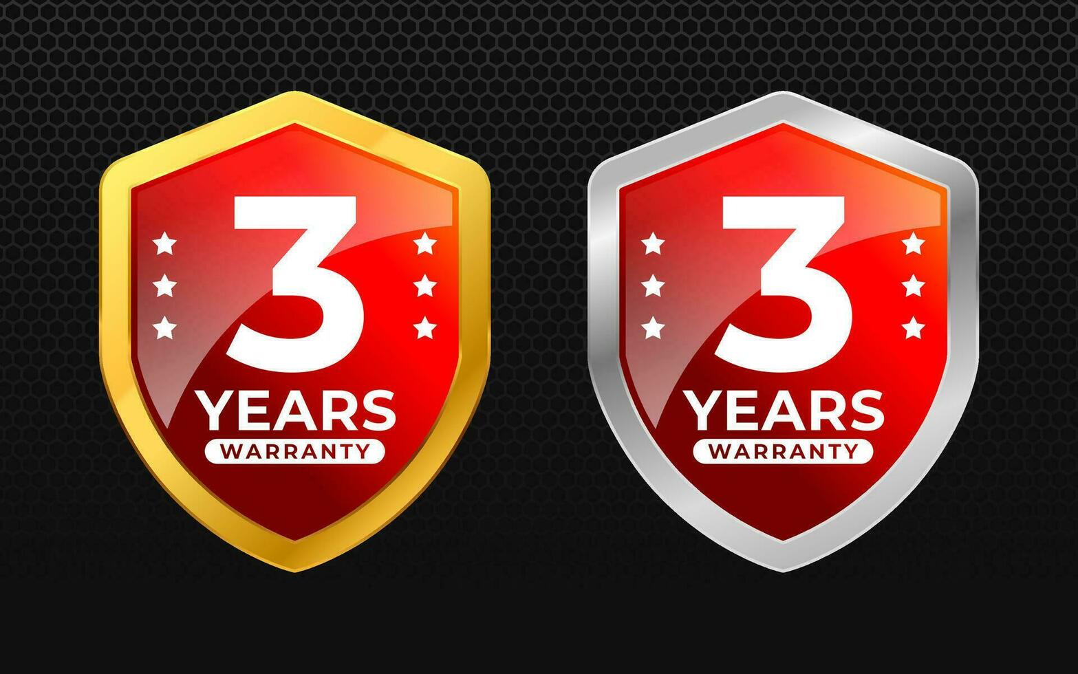 3 years warranty with glossy gold and silver vector shield shape. for label, seal, stamp, icon, logo, badge, symbol, sticker, button