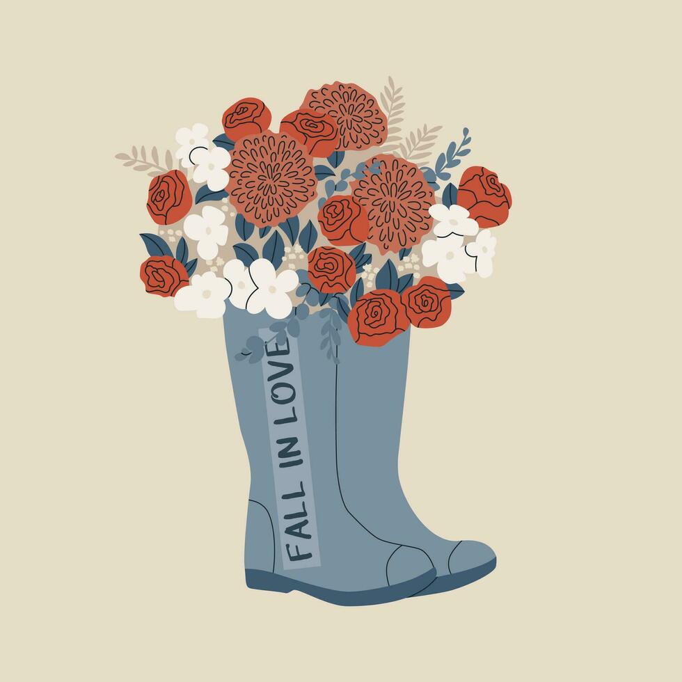 A bouquet of flowers is in rubber waterproof boots. Text - fall in love. Vector illustration for autumn design, postcard, sticker, etc.