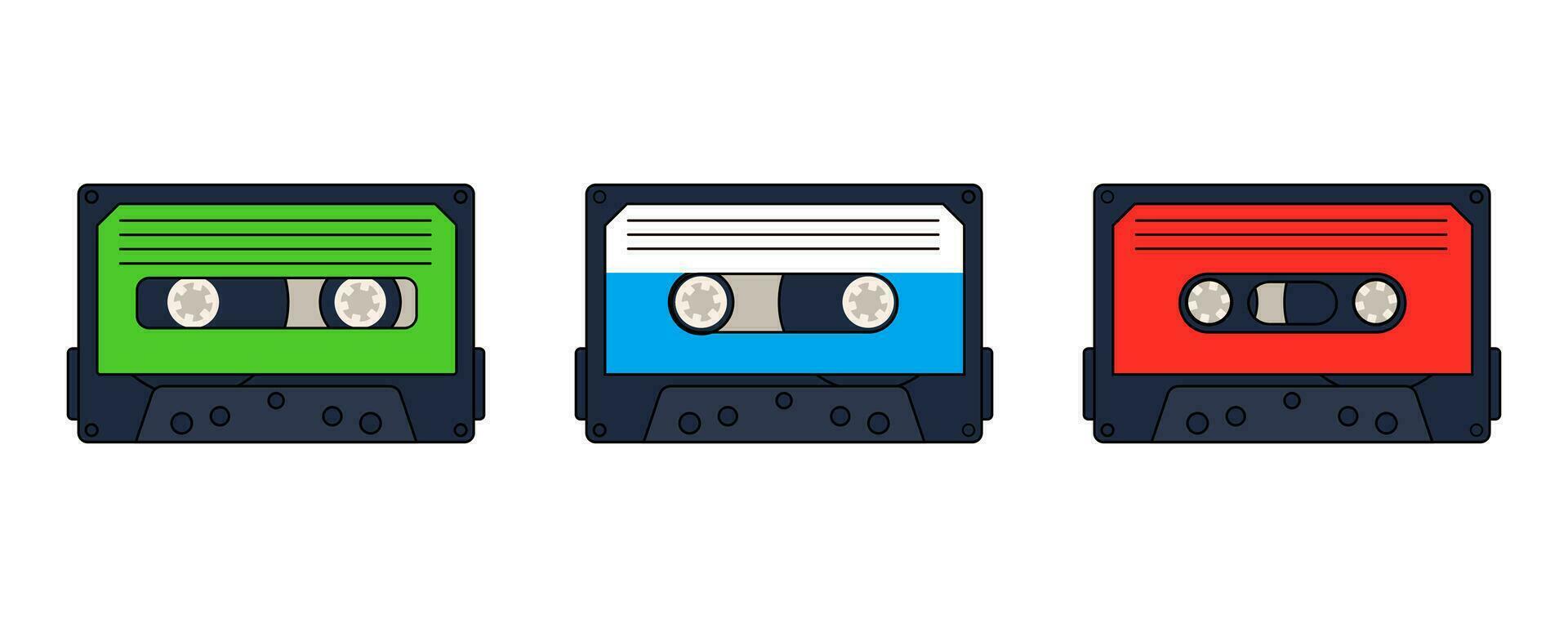 A set of retro cassettes for a tape recorder in Retrowave style. Nastolgia 2000s vector illustration