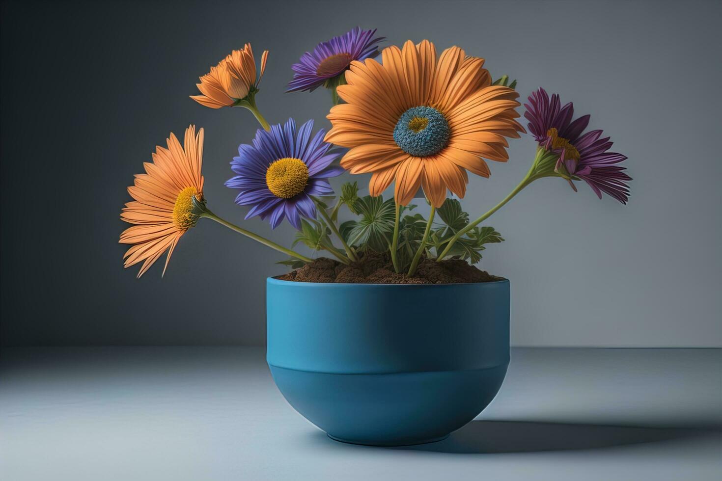 Flowers in a pot on a solid color background. ai generative photo