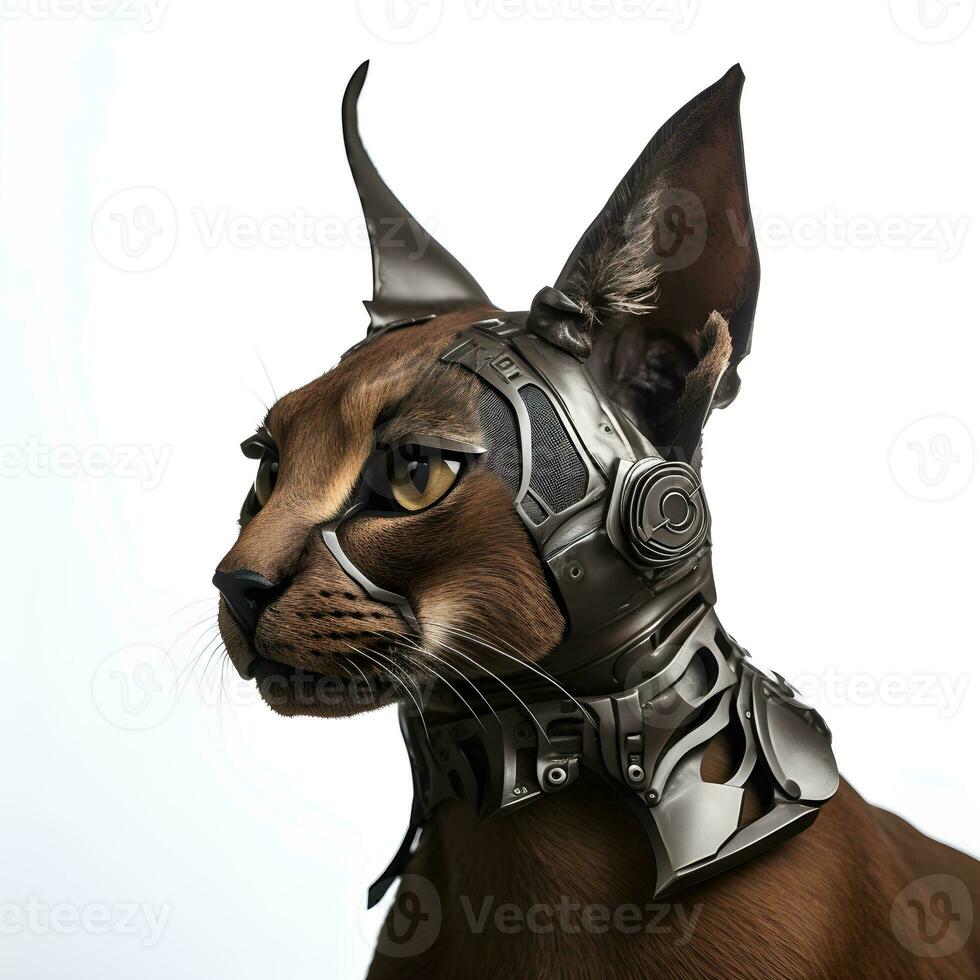 acero robótico lince gato cabeza vistiendo casco, ai generativo foto