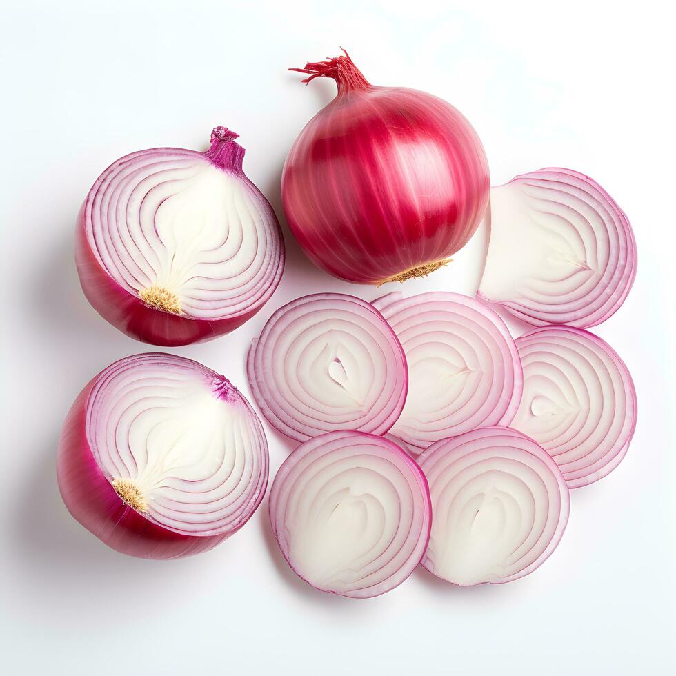 Onion Presentation, Slices and Decor view from Above, ai generated photo