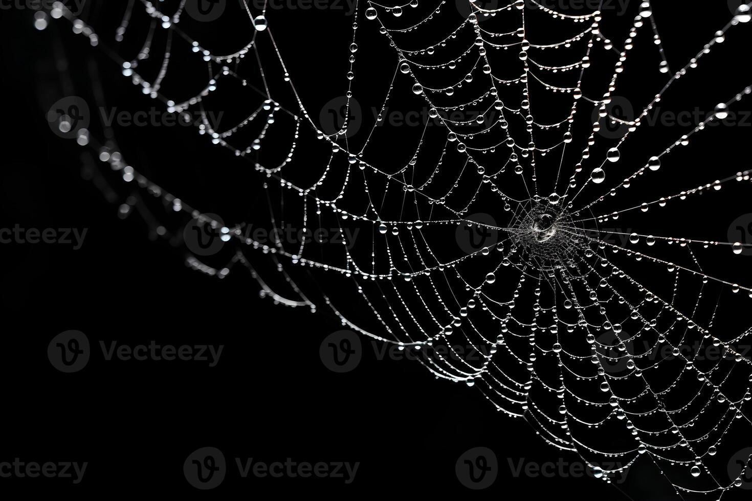 spiderweb isolated on black background, dewy cobwebs, photo