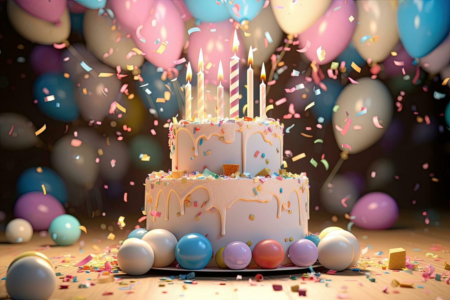 cumpleaños pastel con ardiente velas y globos en de madera mesa. 3d representación, 3d hacer de cumpleaños pastel con velas, globos y papel picado, ai generado foto