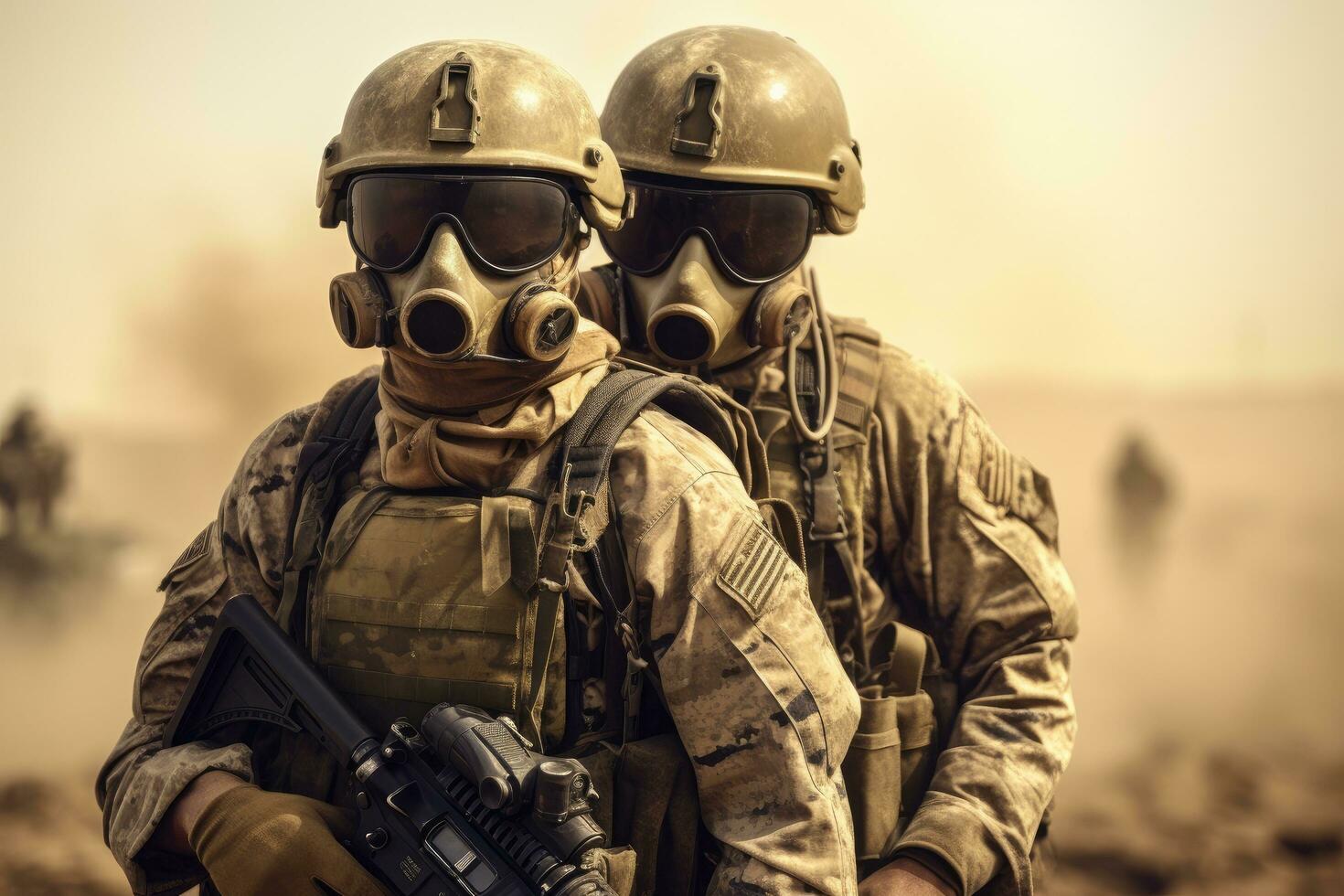 United States Navy special forces soldiers in action during a military training. A military soldier carrying another soldier on his shoulder on a battlefield, Face covered with a mask, AI Generated photo