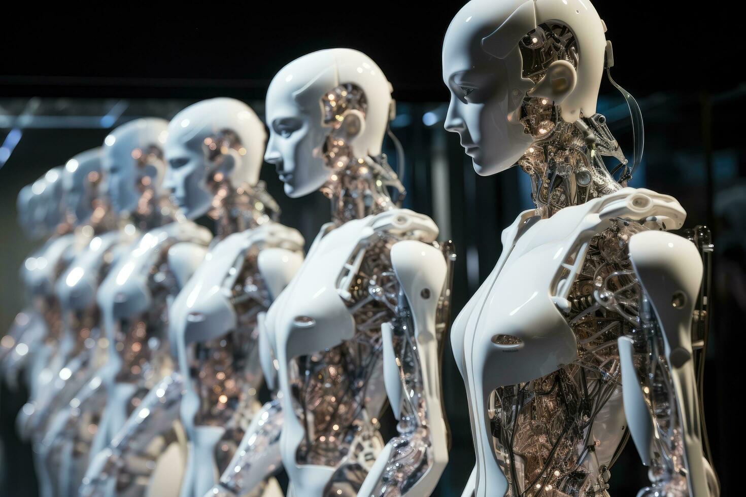 Mannequins in a shop window. Men's fashion. humanoid robots operating in harmony, with each embodying a unique and powerful personality, AI Generated photo