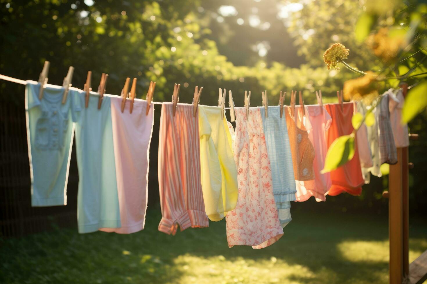 Laundry drying on a clothesline in the sun light. children's colorful clothing drying, AI Generated photo