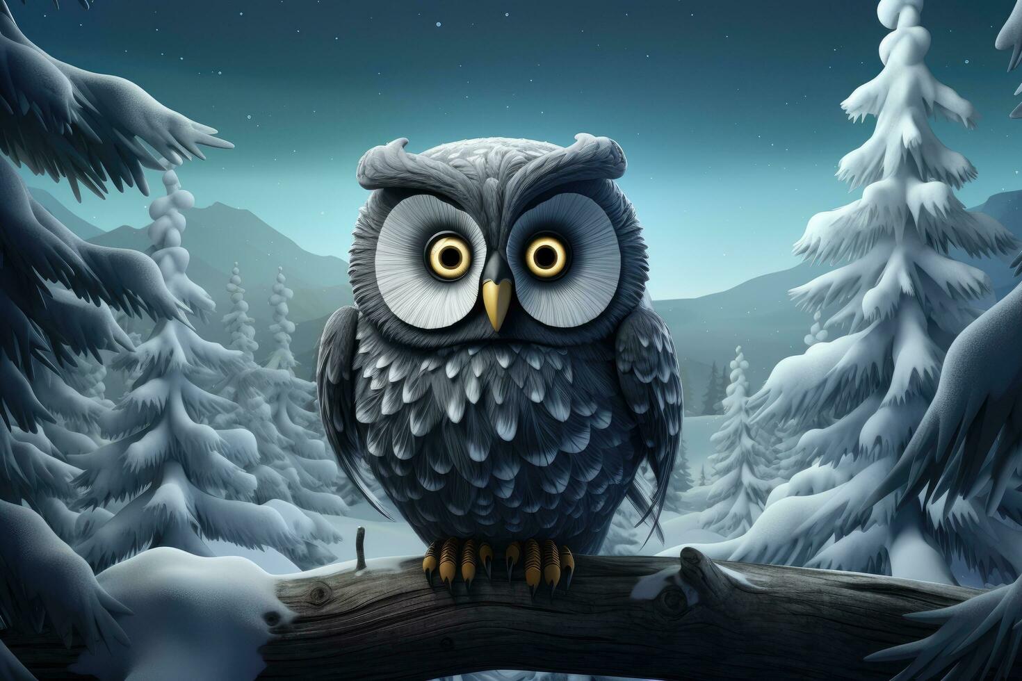 Owl on a branch in the winter forest. 3d illustration, 3d cartoon illustration of a great grey owl in the winter, AI Generated photo