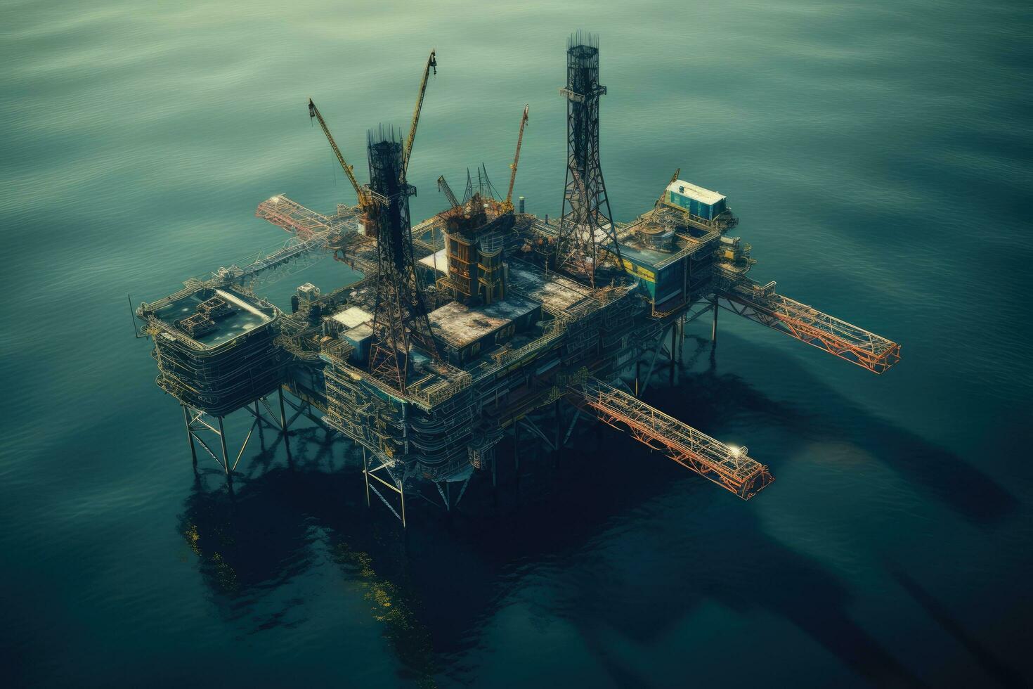 petróleo plataforma en el mar. petróleo y gas industria. 3d representación, aéreo ver de petróleo y gas plataforma en el mar. petróleo y gas industria, ai generado foto