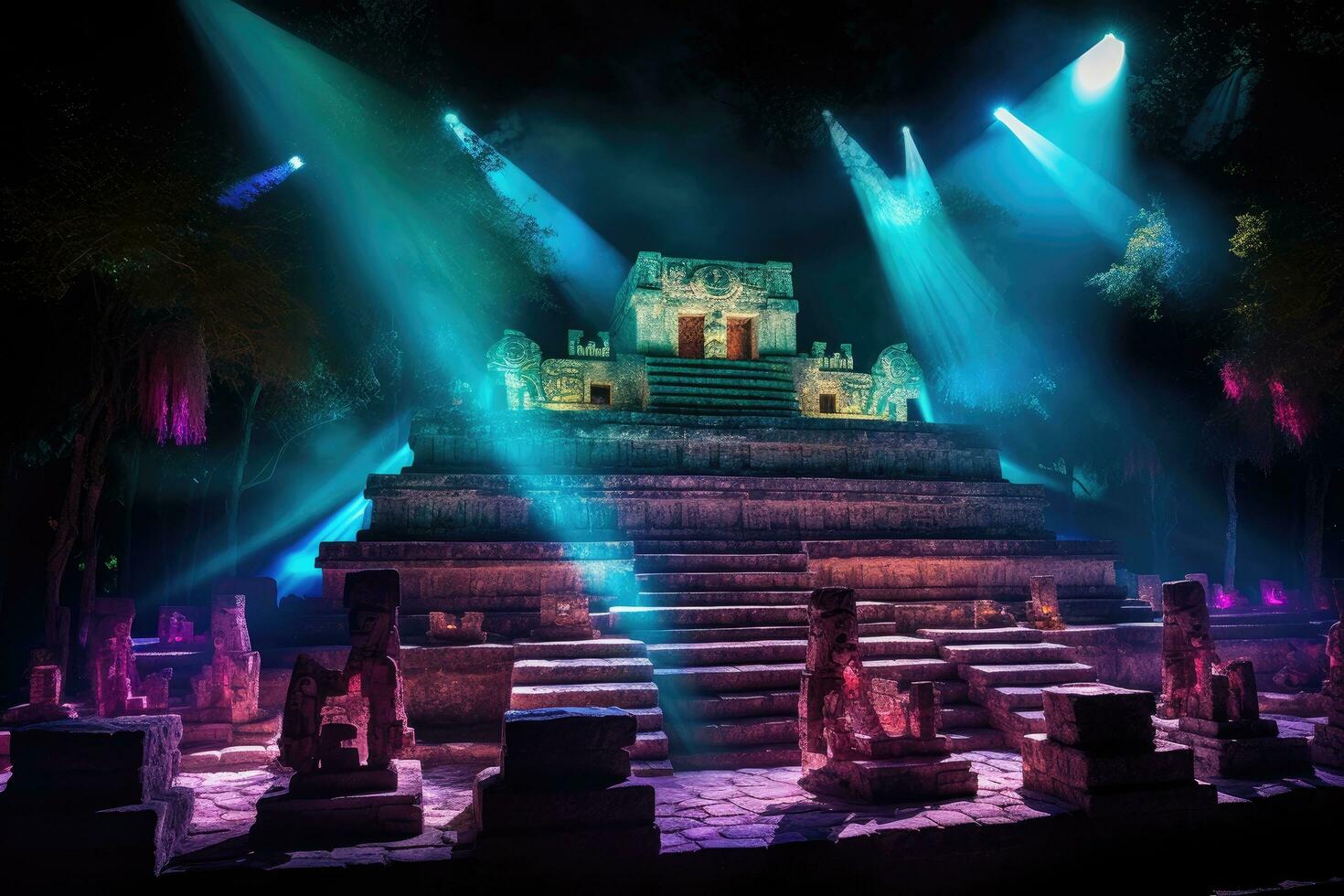 el antiguo ciudad de pattaya, tailandia un asombroso imagen de un maya ceremonial sitio iluminado por vibrante, brillante luces ese tramo fuera desde el estructura, ai generado foto