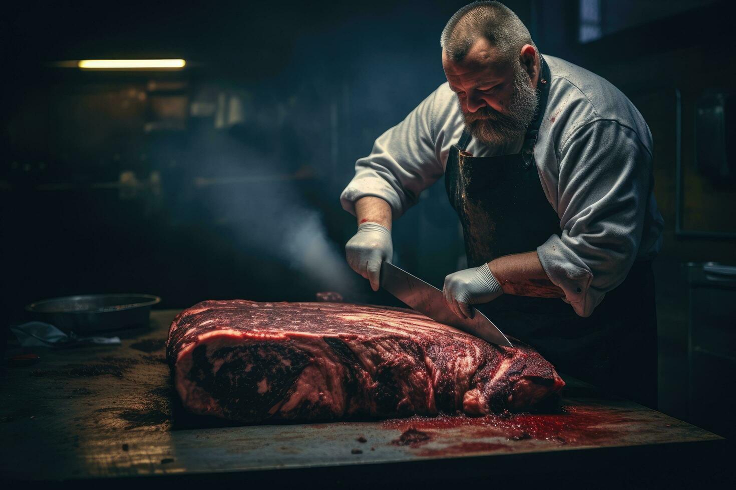 Carnicero corte un pedazo de carne con un cuchillo en un restaurante cocina, un Carnicero afilado un grande carne cuchilla de carnicero, ai generado foto