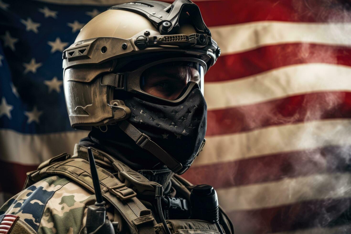 americano soldado en casco y gas máscara en el antecedentes de el americano bandera, un soldado vistiendo un moderno casco y equipo, lado vista, americano bandera en fondo, ai generado foto