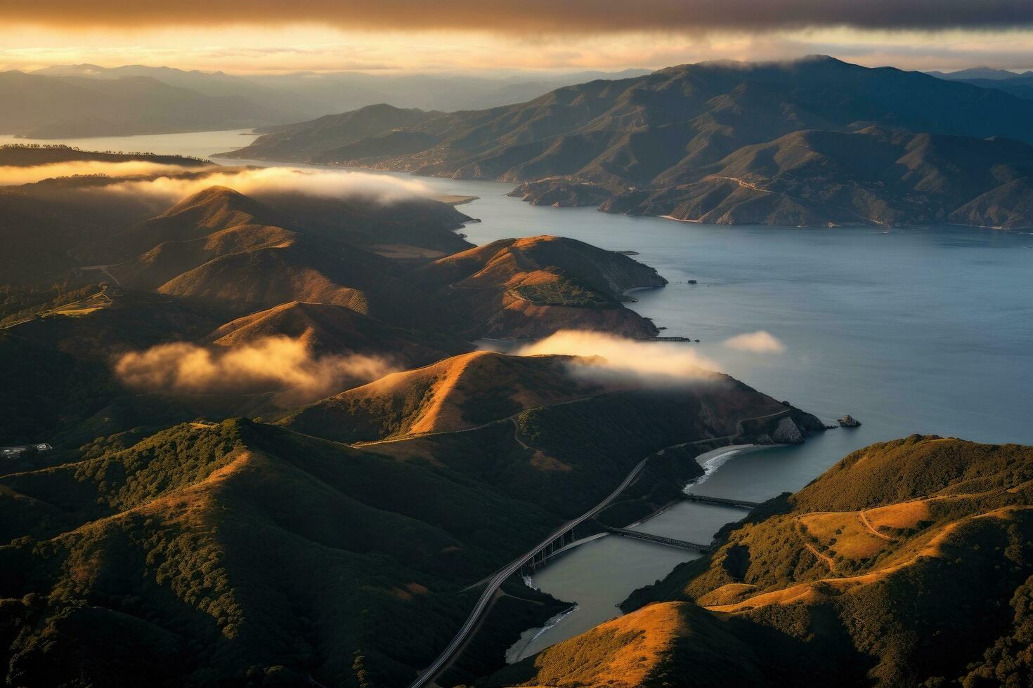 Aerial view of sea and mountain landscape in the morning sunrise. Aerial view of Marin Headlands and Golden Gate bay at sunset, AI Generated photo