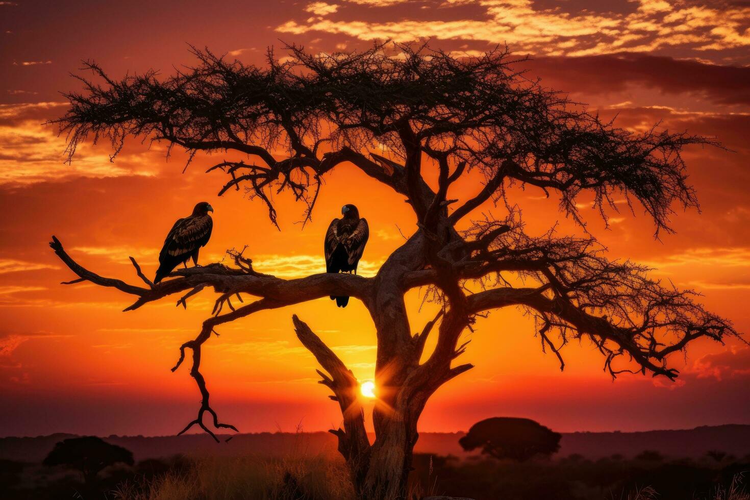 Tawny vultures at sunset in Serengeti National Park, Tanzania, A captivating image of a majestic African eagle perched on a tree branch, its feathers billowing in the wind, AI Generated photo