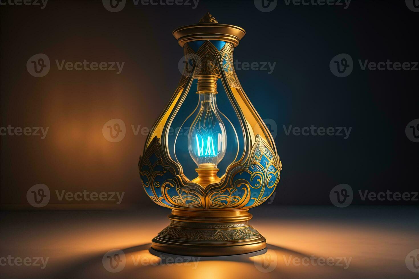 Lantern on a wooden table and a dark background. ai generative photo