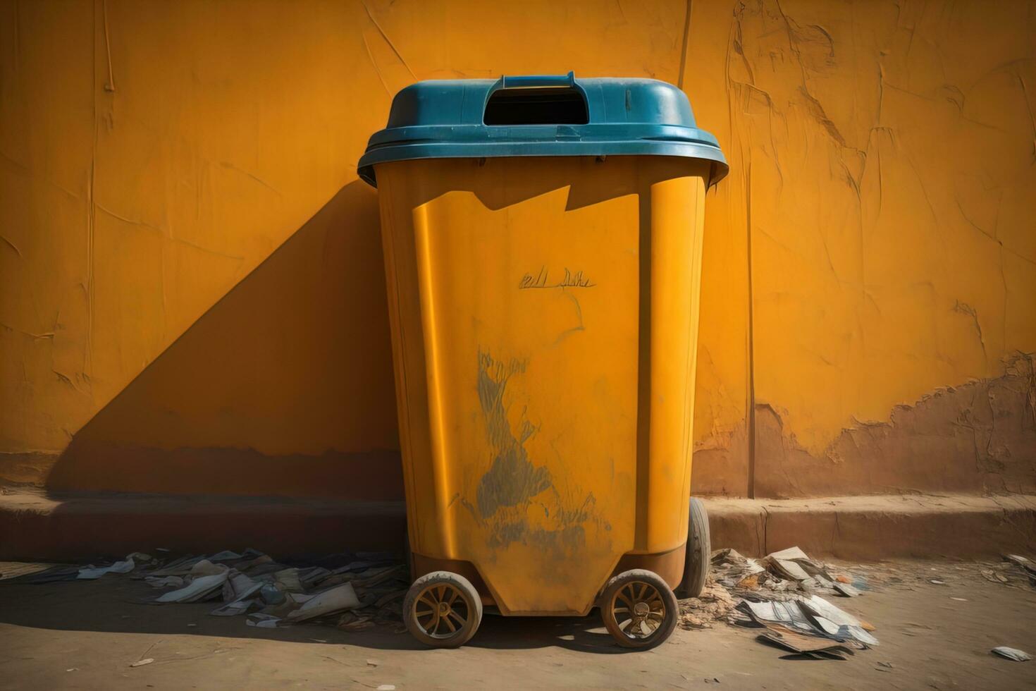 Garbage can on a colorful wall background, vintage color tone style. ai generative photo