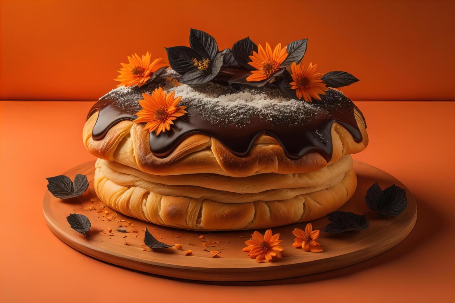 Chocolate cake with marigold flowers on orange background. photo
