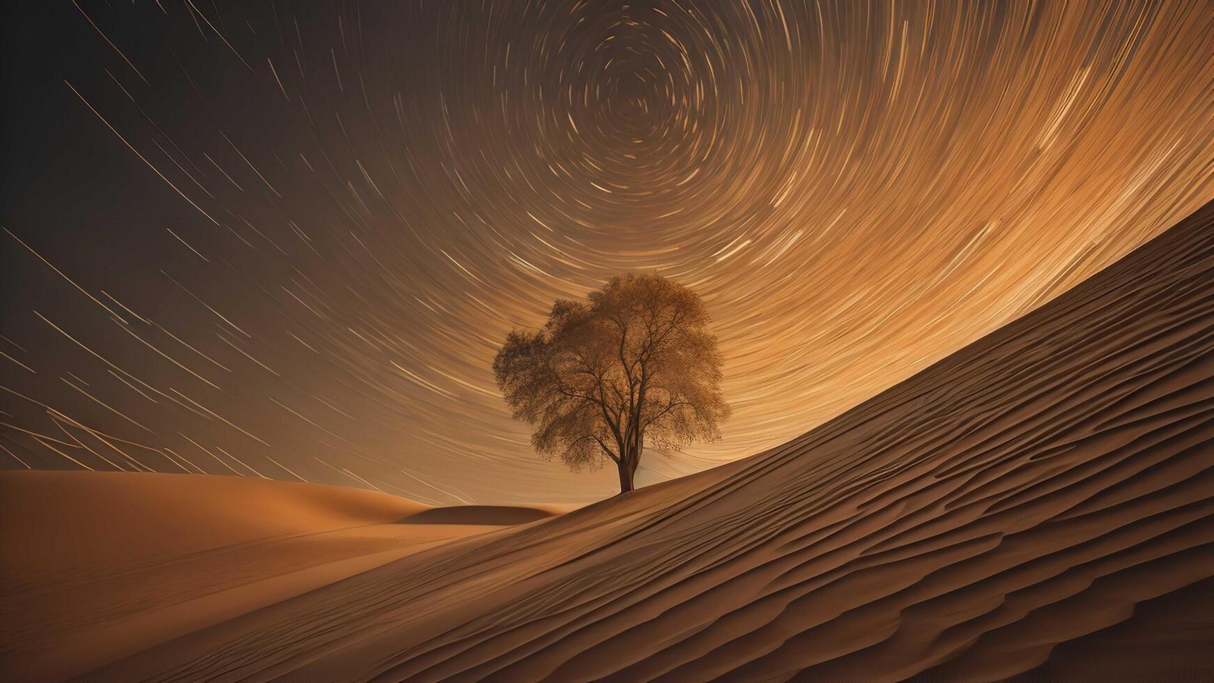 a lonely tree in the desert with star trails. photo