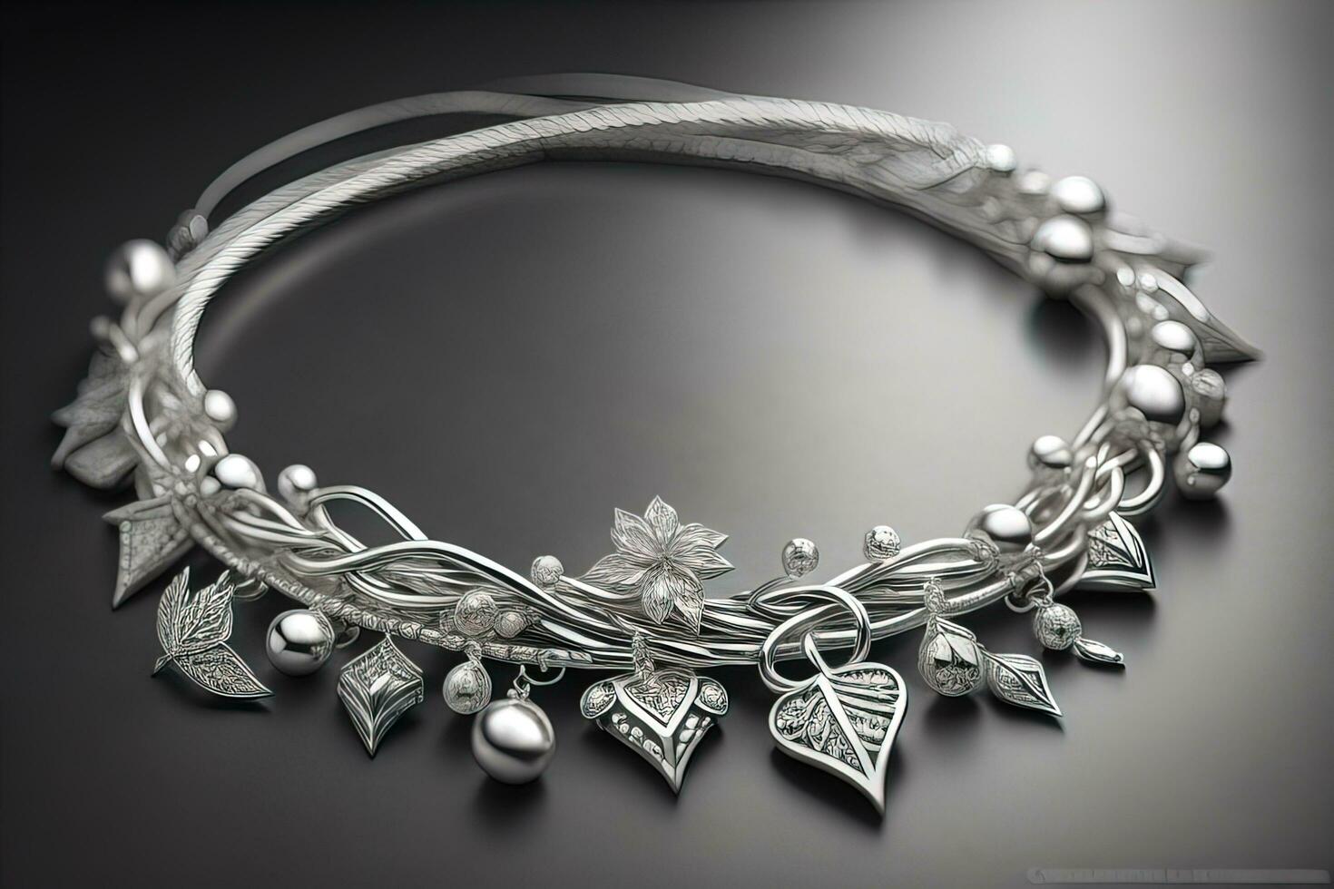 Silver necklace on a solid color background in close-up. ai generative photo