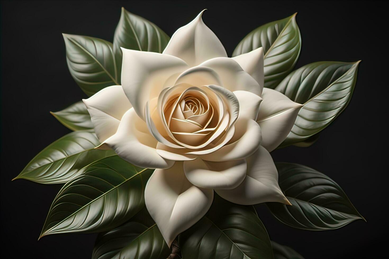 White rose with green leaves on a solid color background, top view. ai generative photo