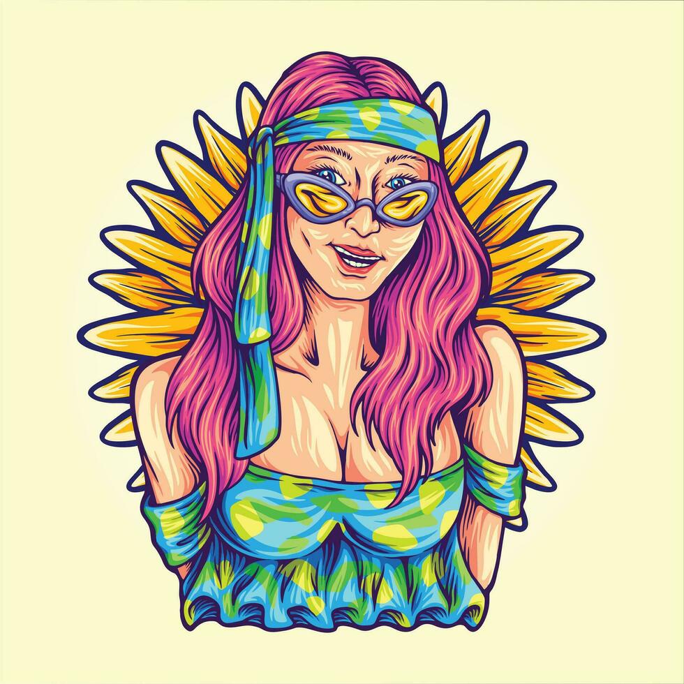 Playful hippie babe flower power movement  vector illustrations for your work logo, merchandise t-shirt, stickers and label designs, poster, greeting cards advertising business company or brands.