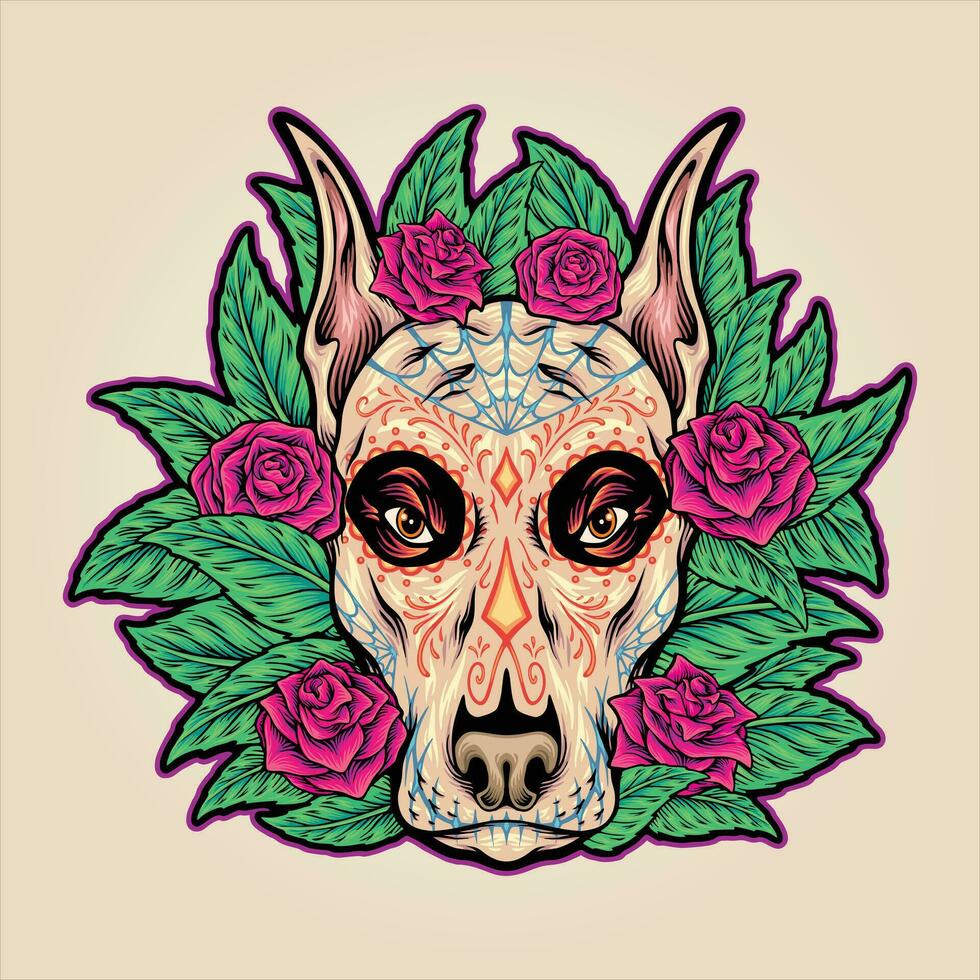 Dog celebrating day of the dead with floral ornament  vector illustrations for your work logo, merchandise t-shirt, stickers and label designs, poster, greeting cards advertising business company