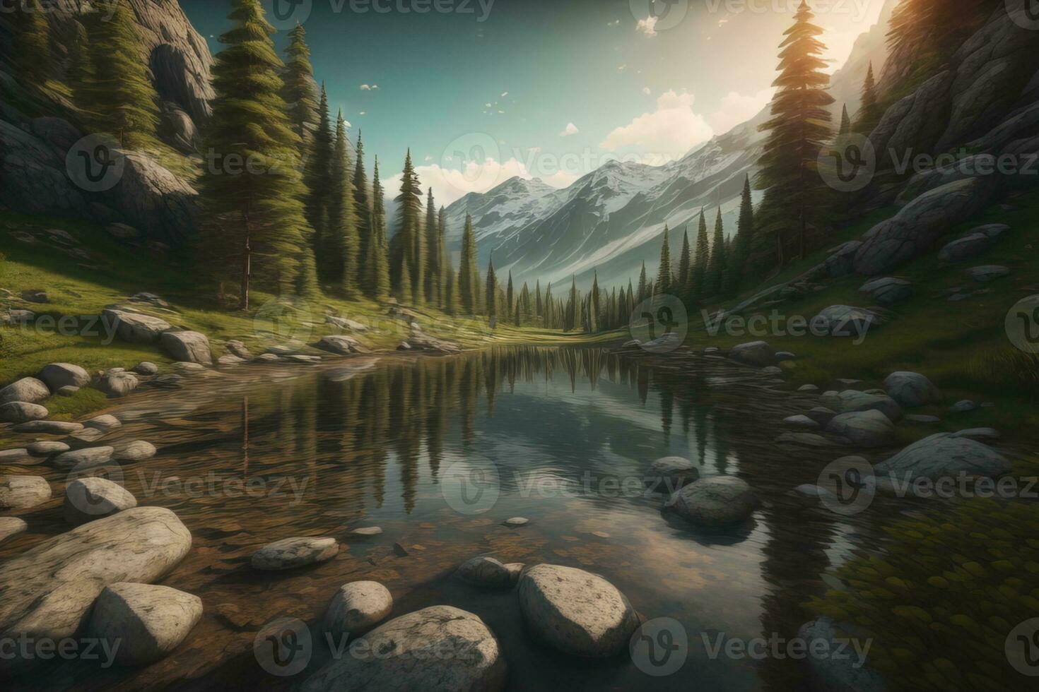 Beautiful fantasy landscape with a river in the mountains. ai generative photo