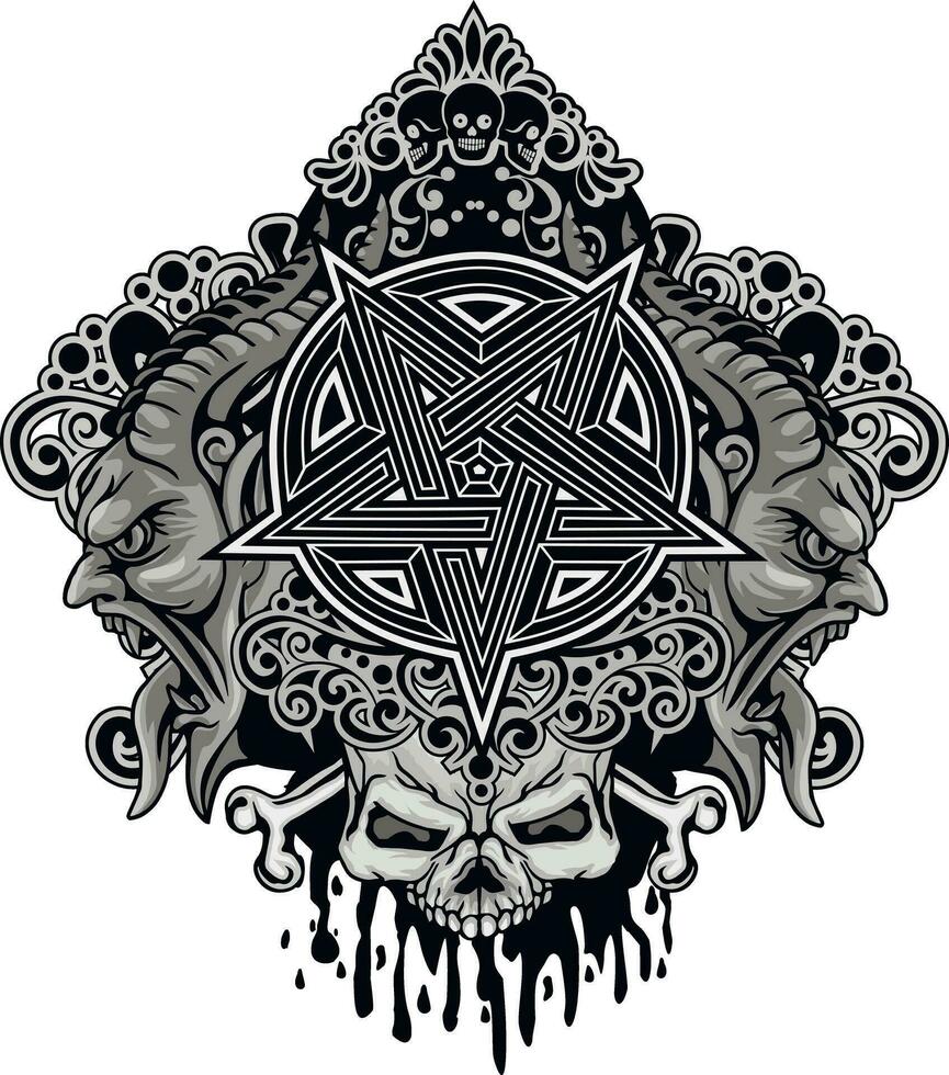 Gothic sign with skull and pentagram, grunge vintage design t shirts vector