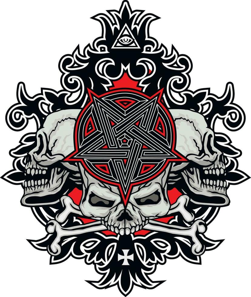 Gothic sign with skull and pentagram, grunge vintage design t shirts vector