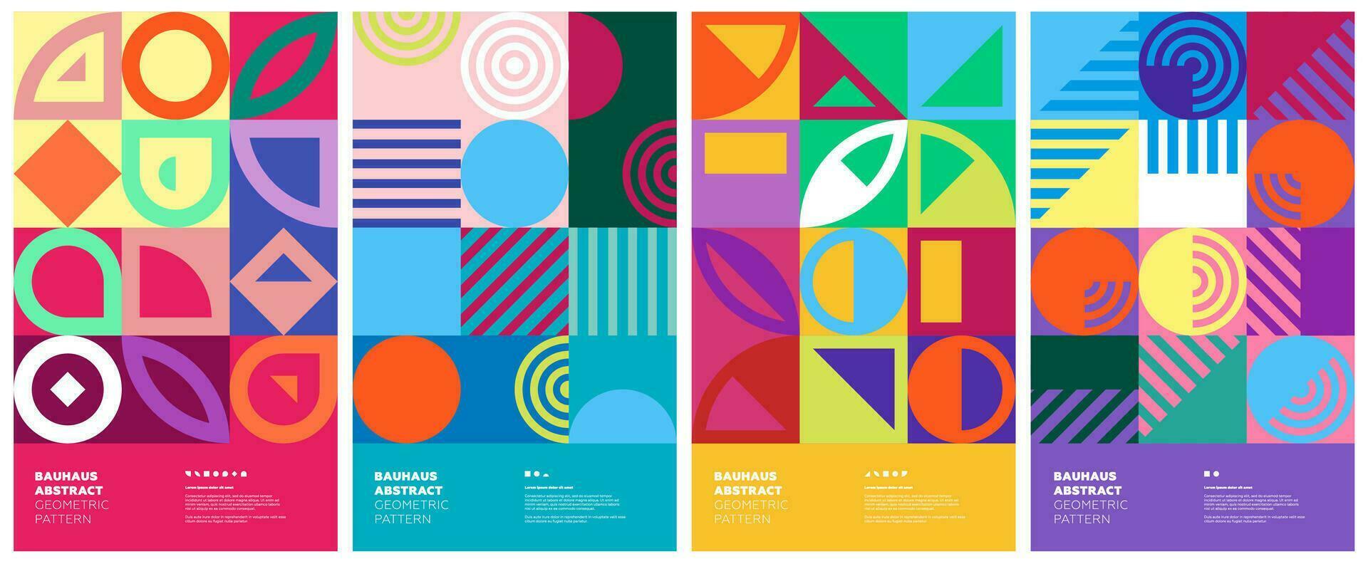 Abstract geometric bauhaus artwork. Simple shapes combination poster set. Memphis pattern background. Retro brutalism modern trendy graphic painting. Vintage postmodern art color print vector design