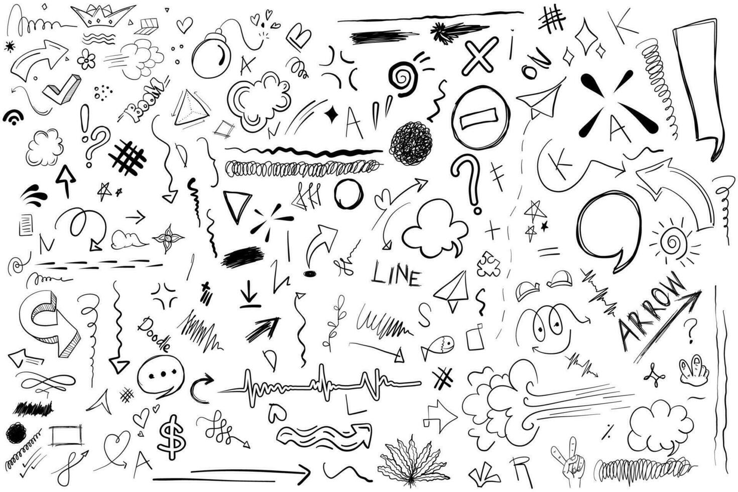 doodle set elements abstract arrows  lines  stars  text bubbles and other hand drawn elements vector