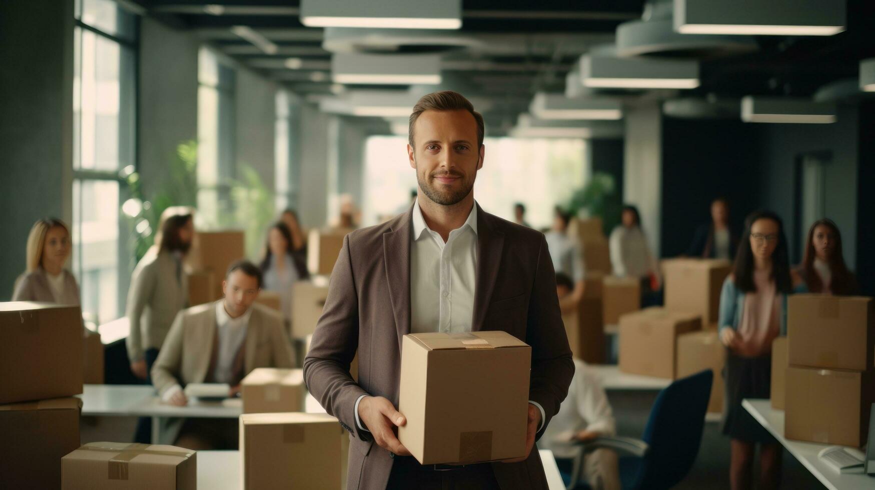 Moving man with boxes photo