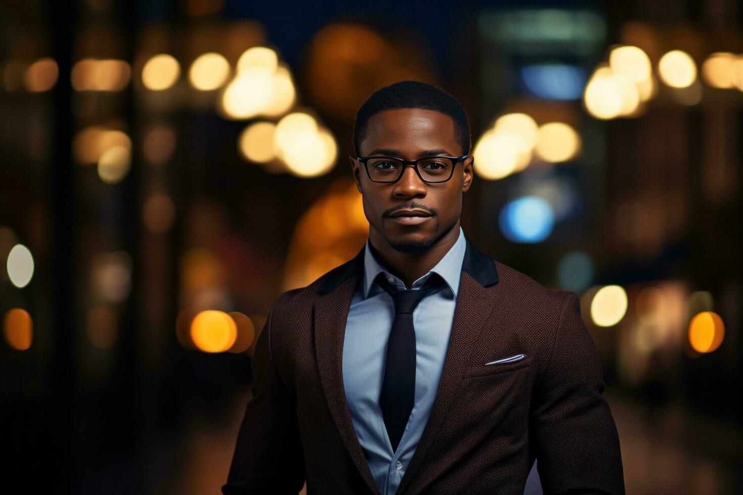 Afroamerican businessman with glasses in a street background photo