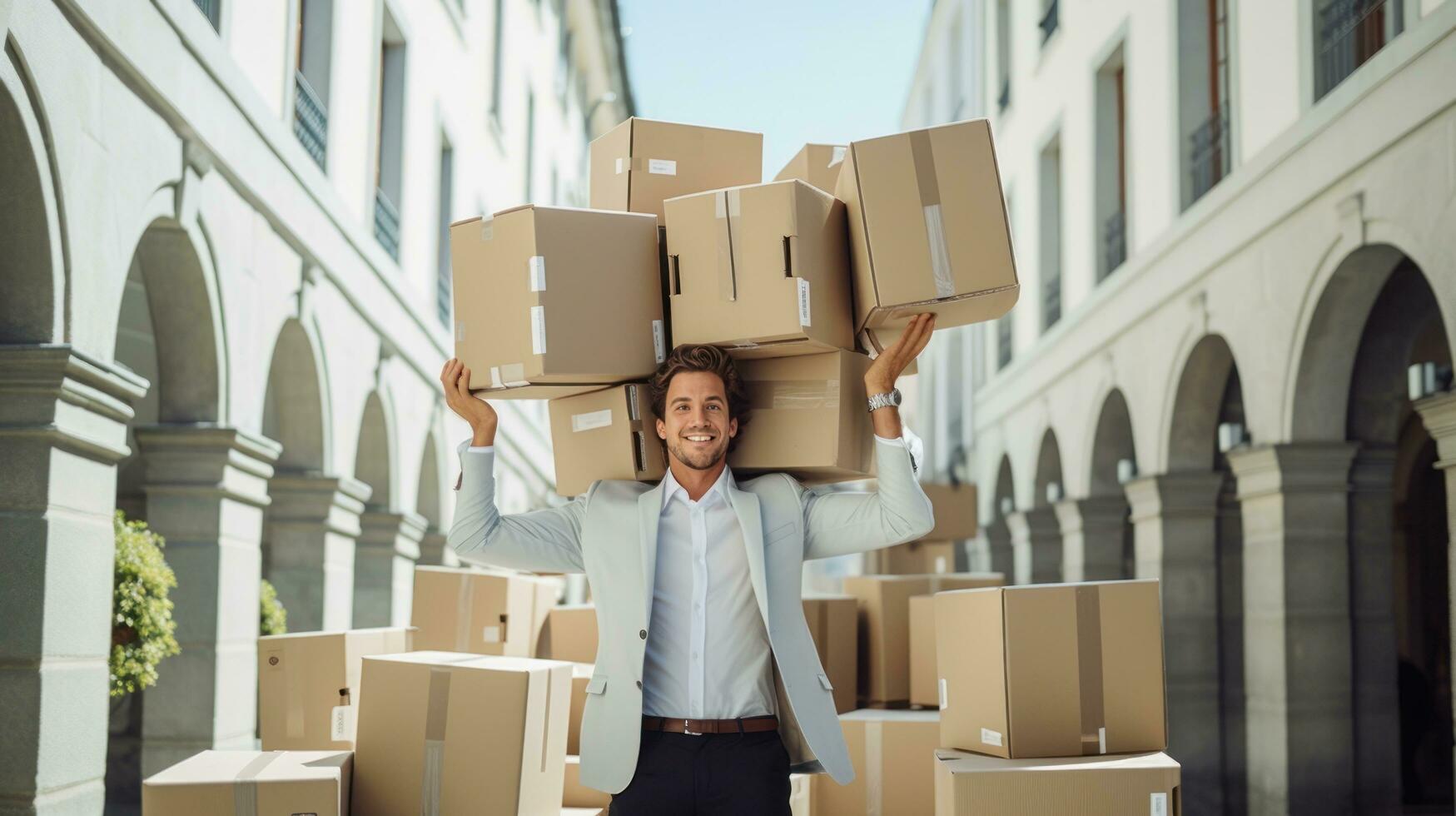 Moving man with boxes photo